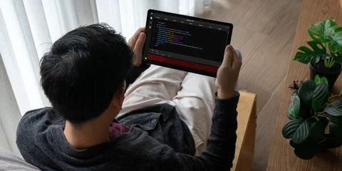 Software development programming on computer screen for modish application Fotos de archivo
