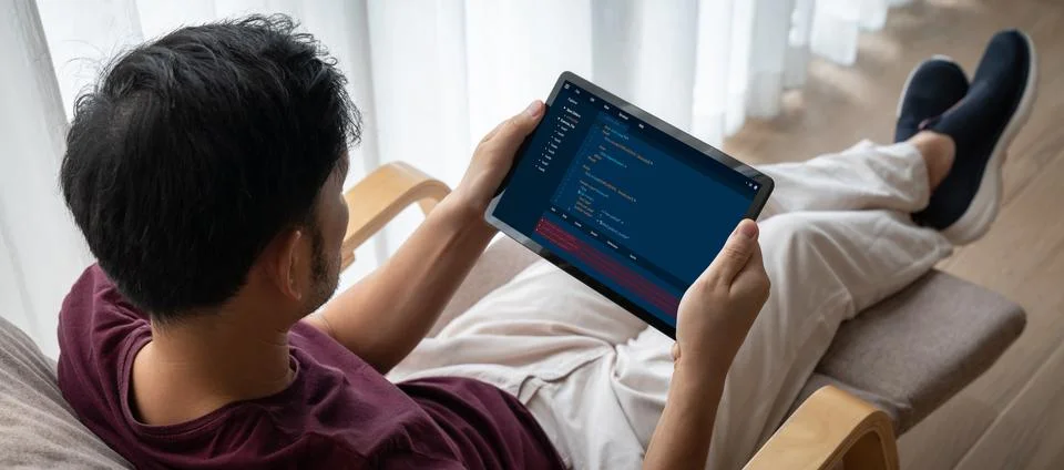 Software development programming on computer screen for modish application Stock Photos