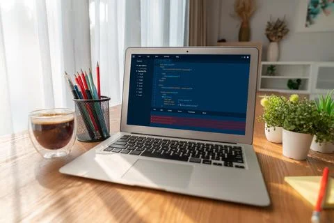 Software development programming on computer screen for modish application Fotos de archivo