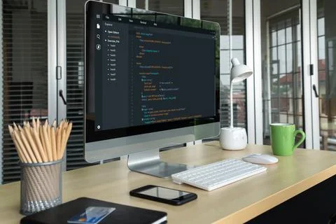 Software development programming on computer screen for modish application Foto stock