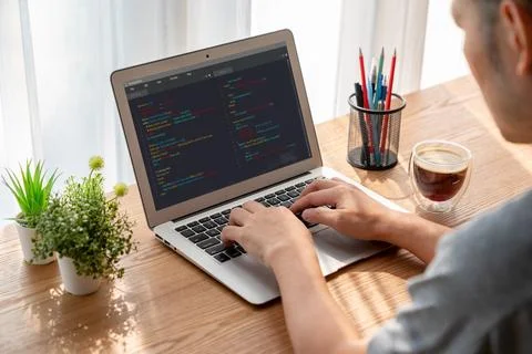 Software development programming on computer screen for modish application Fotos de archivo