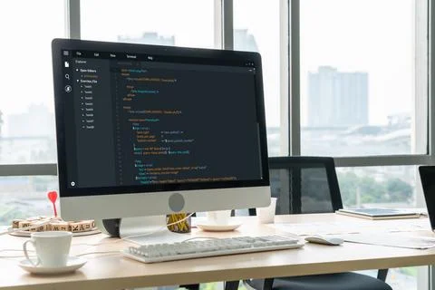 Software development programming on computer screen for modish application Foto stock