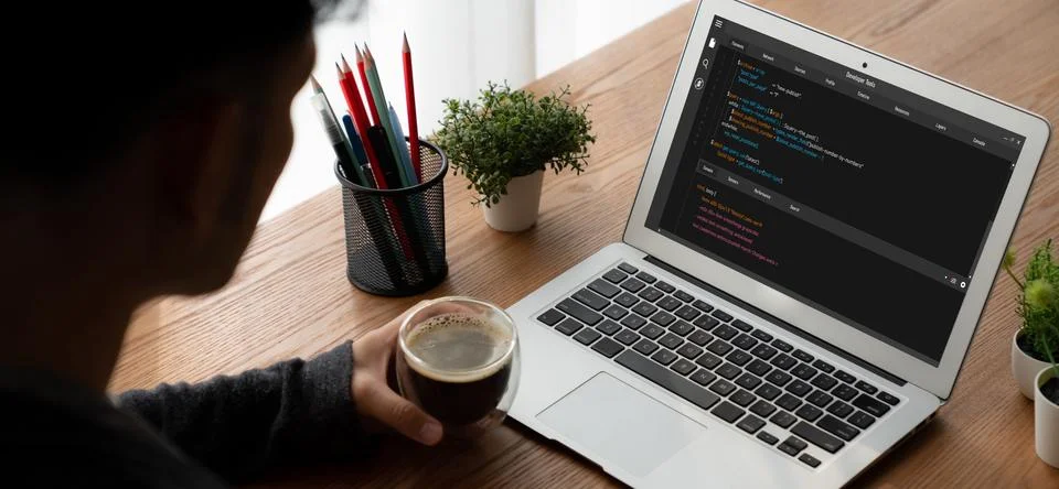 Software development programming on computer screen for modish application Stock Photos