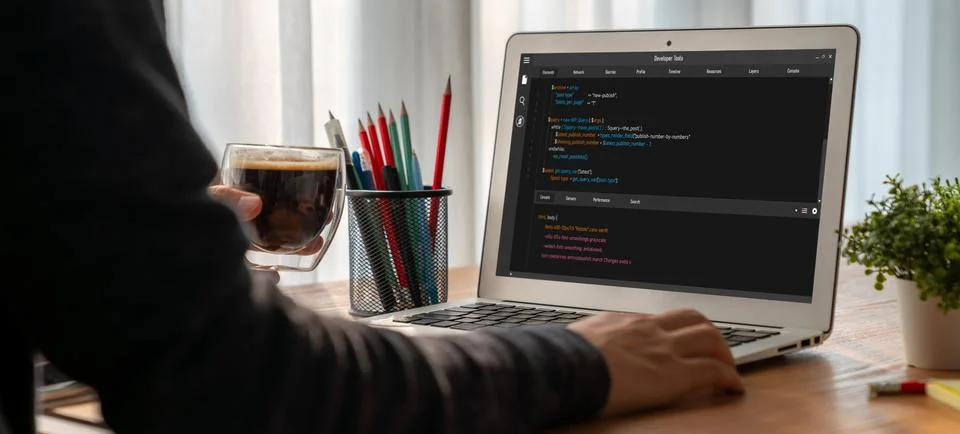 Software development programming on computer screen for modish application Fotos de archivo