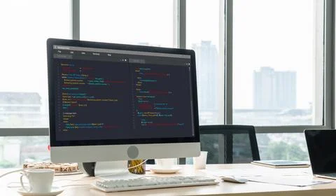 Software development programming on computer screen for modish application Stock Photos
