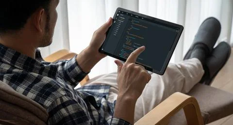 Software development programming on computer screen for modish application 스톡 사진