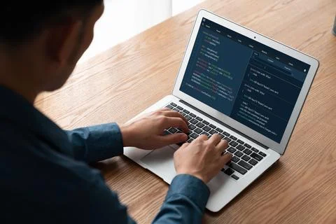 Software development programming on computer screen for modish application Stock Photos