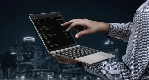 Software development programming on computer screen for modish application Stock Photos