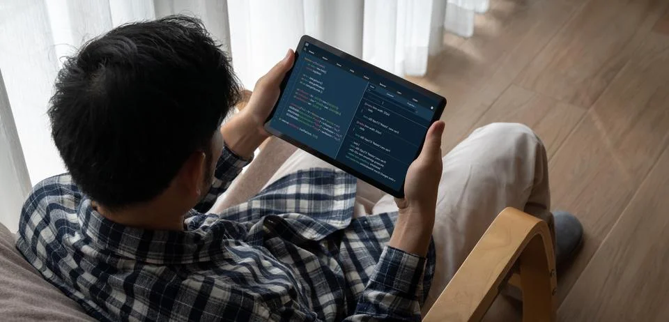 Software development programming on computer screen for modish application 库存照片