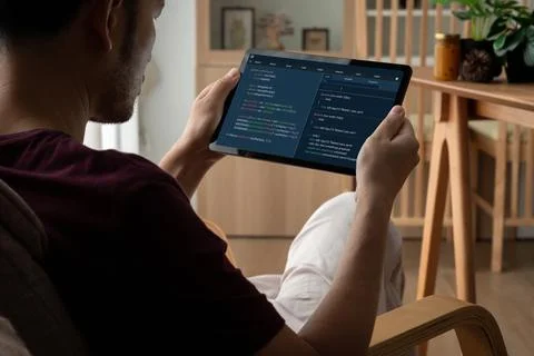Software development programming on computer screen for modish application Stock Photos