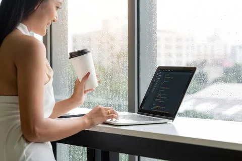 Software development programming on computer screen for modish application Stock Photos