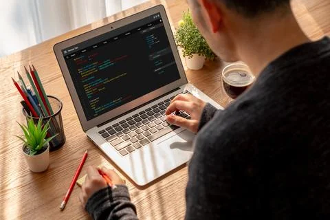 Software development programming on computer screen for modish application Stockfoto's