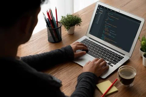 Software development programming on computer screen for modish application Foto stock