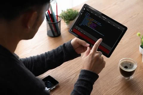 Software development programming on computer screen for modish application 스톡 사진