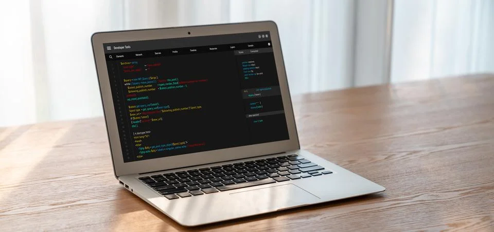 Software development programming on computer screen for modish application Fotos de archivo