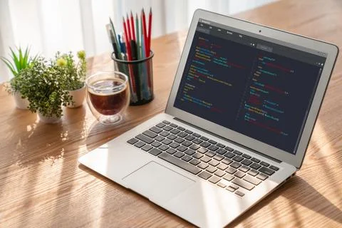 Software development programming on computer screen for modish application Stock Photos