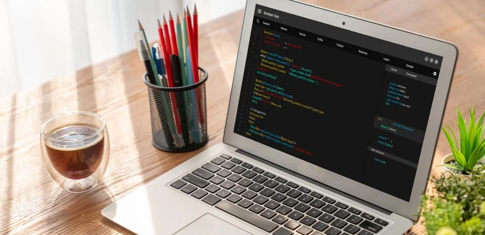 Software development programming on computer screen for modish application Stock Photos