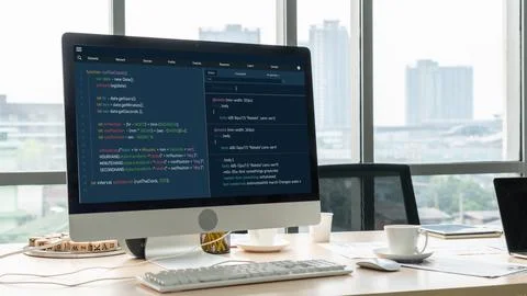 Software development programming on computer screen for modish application Stock Photos