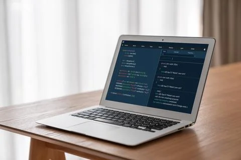 Software development programming on computer screen for modish application Stock Photos