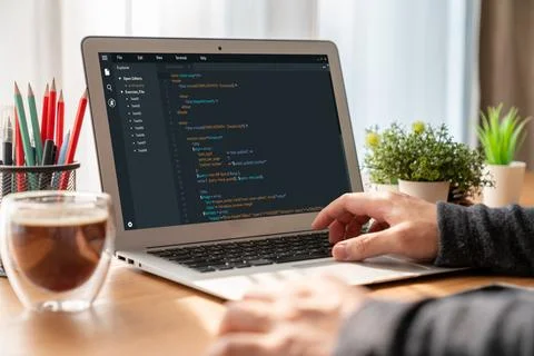 Software development programming on computer screen for modish application Fotos de archivo