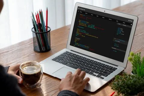 Software development programming on computer screen for modish application 스톡 사진
