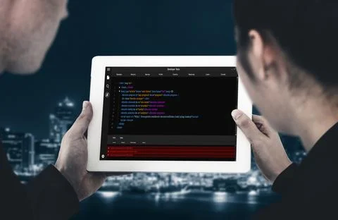 Software development programming on computer screen for modish application 库存照片