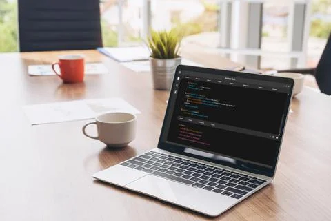 Software development programming on computer screen for modish application Stock Photos