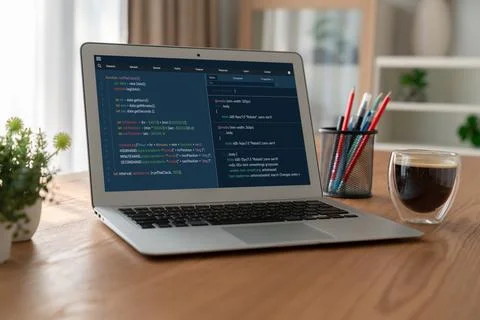 Software development programming on computer screen for modish application Fotos de archivo