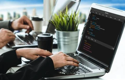 Software development programming on computer screen for modish application Stock Photos