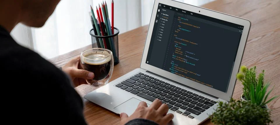 Software development programming on computer screen for modish application Foto stock