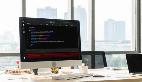 Software development programming on computer screen for modish application Stock Photos