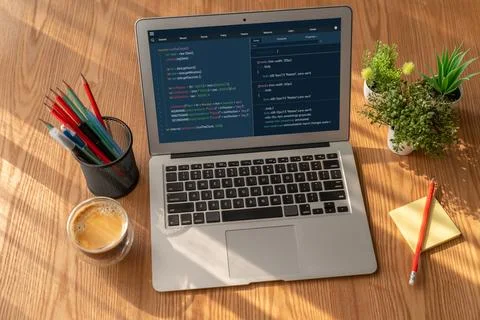 Software development programming on computer screen for modish application Stock Photos