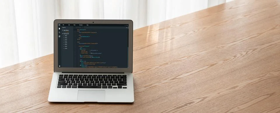 Software development programming on computer screen for modish application 库存照片