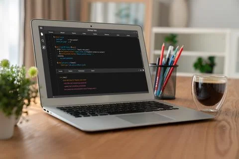 Software development programming on computer screen for modish application 库存照片