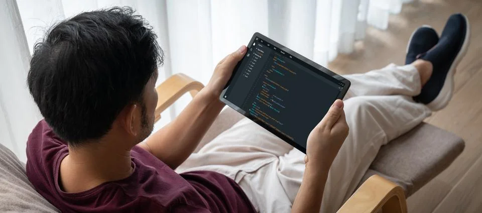 Software development programming on computer screen for modish application 스톡 사진