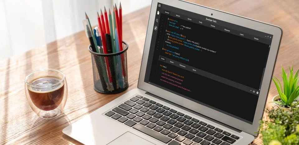 Software development programming on computer screen for modish application Fotos de archivo