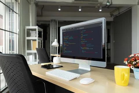 Software development programming on computer screen for modish application 스톡 사진