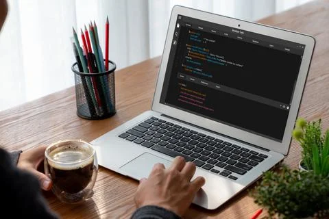 Software development programming on computer screen for modish application Fotos de archivo