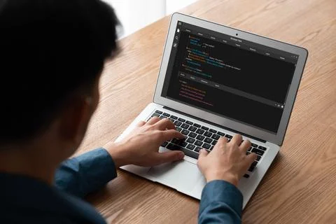 Software development programming on computer screen for modish application 库存照片