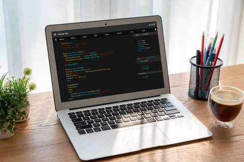 Software development programming on computer screen for modish application Foto stock