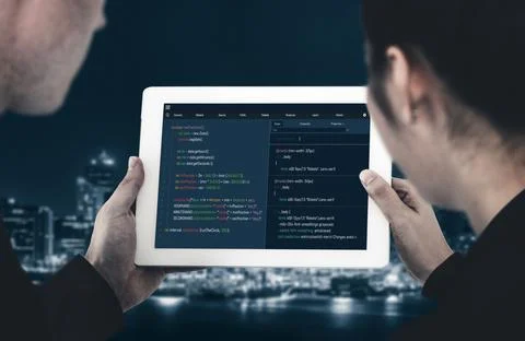 Software development programming on computer screen for modish application Stock Photos