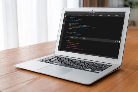 Software development programming on computer screen for modish application Stock Photos