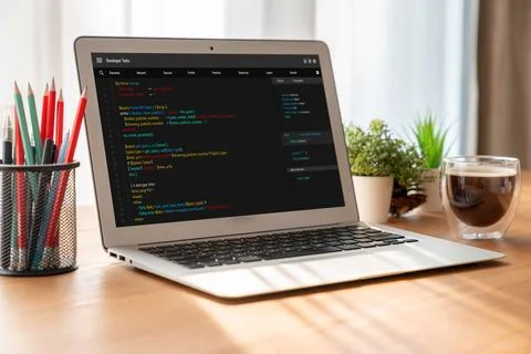 Software development programming on computer screen for modish application 스톡 사진