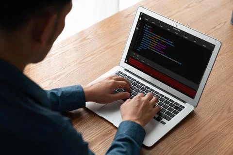 Software development programming on computer screen for modish application 库存照片