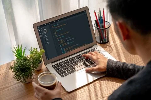 Software development programming on computer screen for modish application Stock Photos