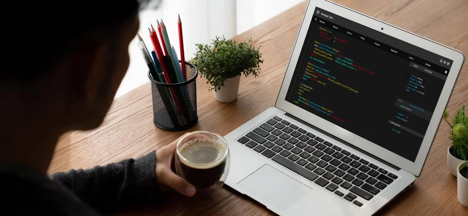 Software development programming on computer screen for modish application 스톡 사진