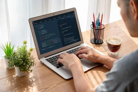 Software development programming on computer screen for modish application Stock Photos