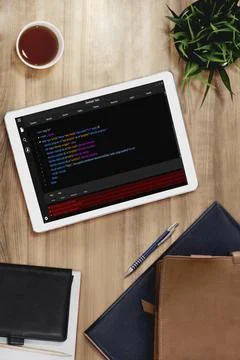 Software development programming on computer screen for modish application Stock Photos