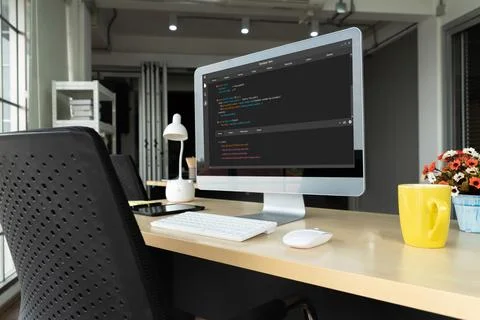 Software development programming on computer screen for modish application 스톡 사진