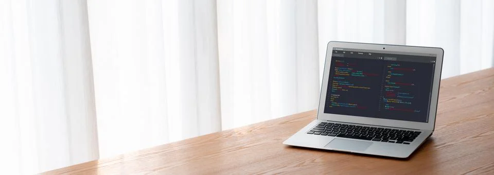 Software development programming on computer screen for modish application 库存照片